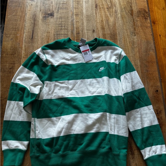 Nike Green and White Striped Sweater club fleece French terry crew neck cotton - Picture 8 of 8